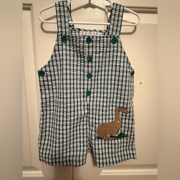 Samara Green Checkered Kids Overalls with Dinosaur Patch - Picture 1 of 3